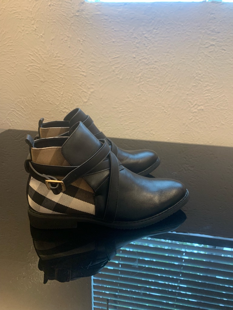 Brand New No Box Black Faux Leather Ankle Boots With Plaid Accent